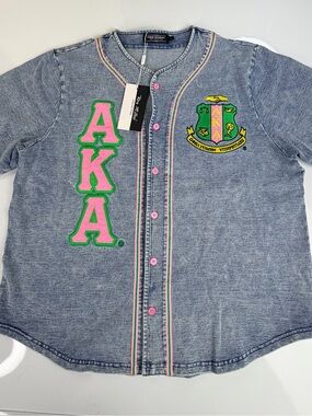 King McNeal AKΑ Sorority Large Embroidered Denim Baseball Jersey- Pink & Green